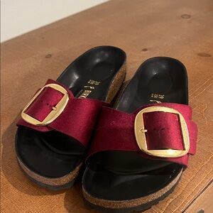 Birkenstock Burgundy Slide Sandals with Gold Buckle